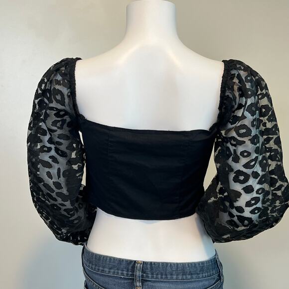 Women's Zara Contrasting Animal Print Organza Puff Sleeve Crop Top Black - Picture 8 of 13
